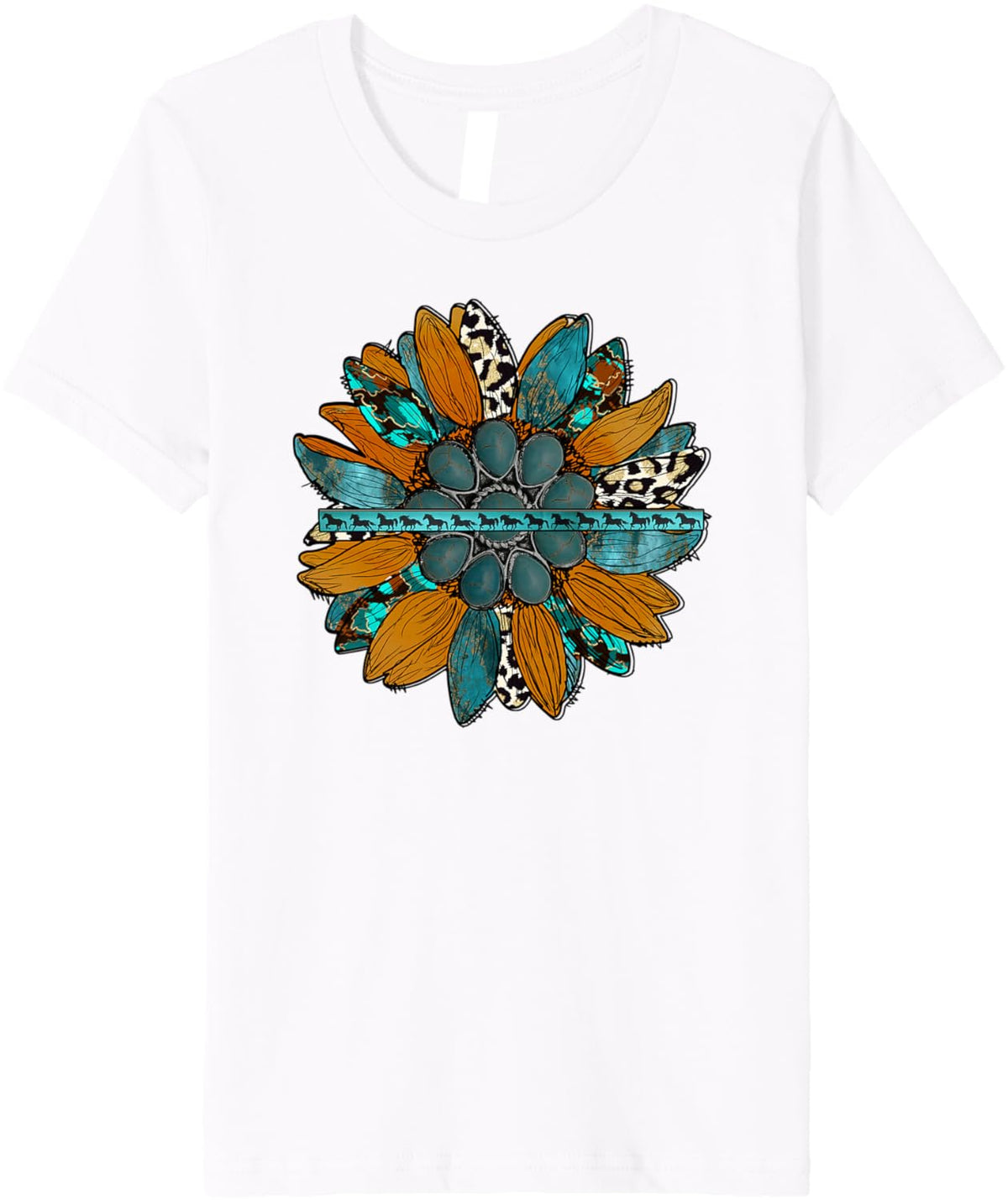 Country Sunflower Southwestern Earth Tones Cowhide Teal Premium T-Shirt