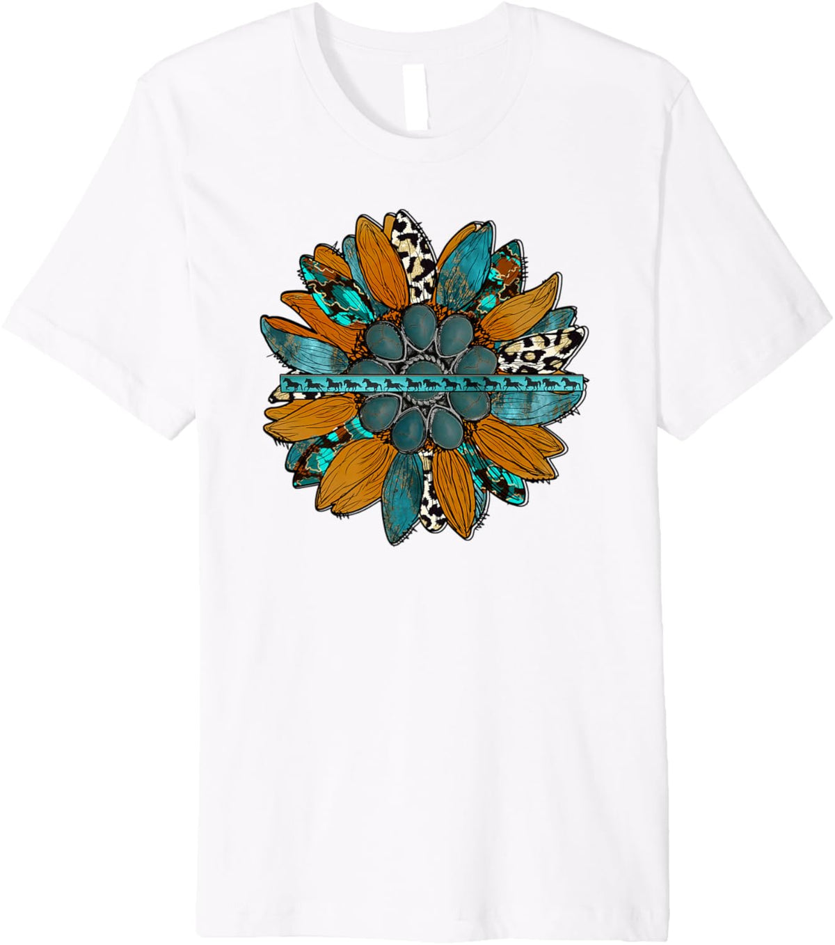 Country Sunflower Southwestern Earth Tones Cowhide Teal Premium T-Shirt