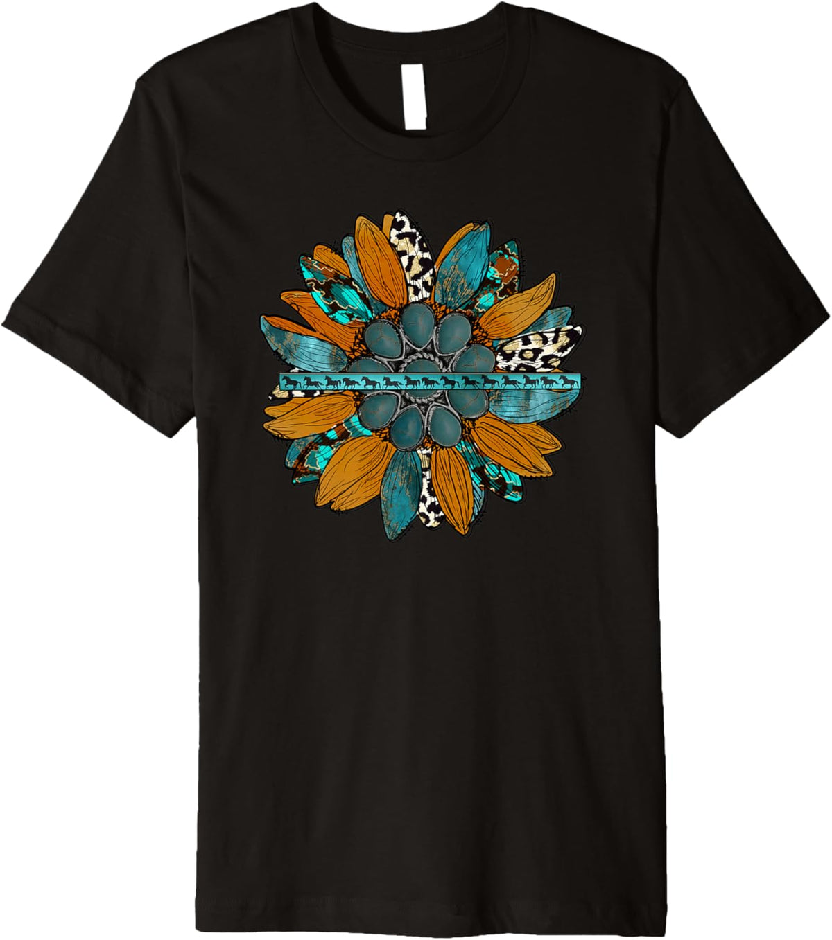 Country Sunflower Southwestern Earth Tones Cowhide Teal Premium T-Shirt