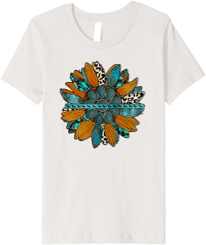Country Sunflower Southwestern Earth Tones Cowhide Teal Premium T-Shirt