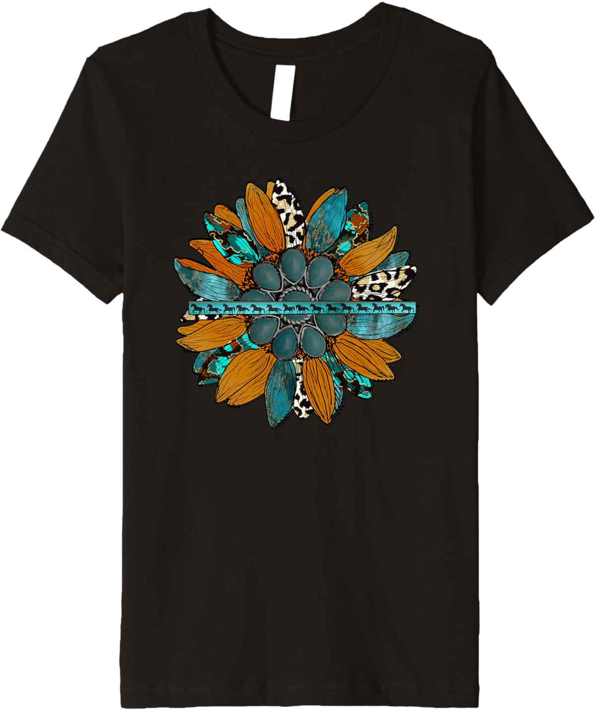 Country Sunflower Southwestern Earth Tones Cowhide Teal Premium T-Shirt