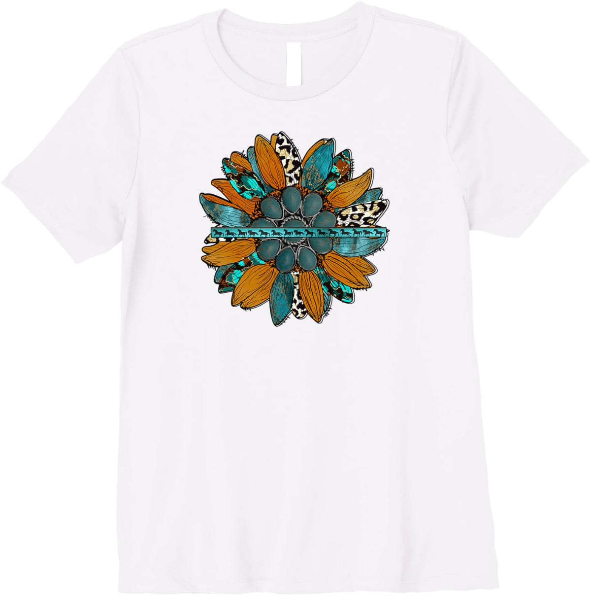 Country Sunflower Southwestern Earth Tones Cowhide Teal Premium T-Shirt