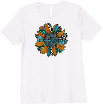 Country Sunflower Southwestern Earth Tones Cowhide Teal Premium T-Shirt