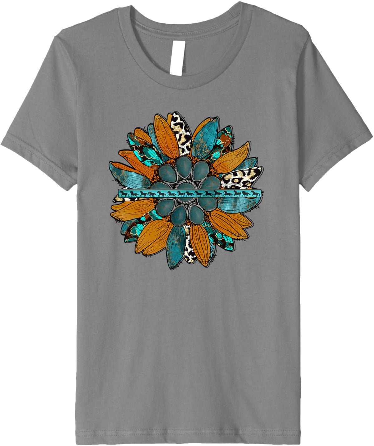 Country Sunflower Southwestern Earth Tones Cowhide Teal Premium T-Shirt