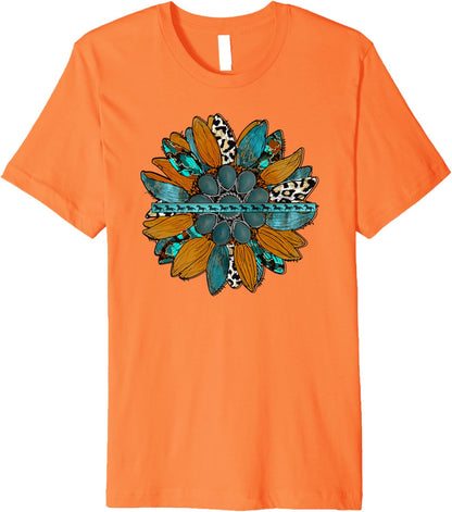 Country Sunflower Southwestern Earth Tones Cowhide Teal Premium T-Shirt
