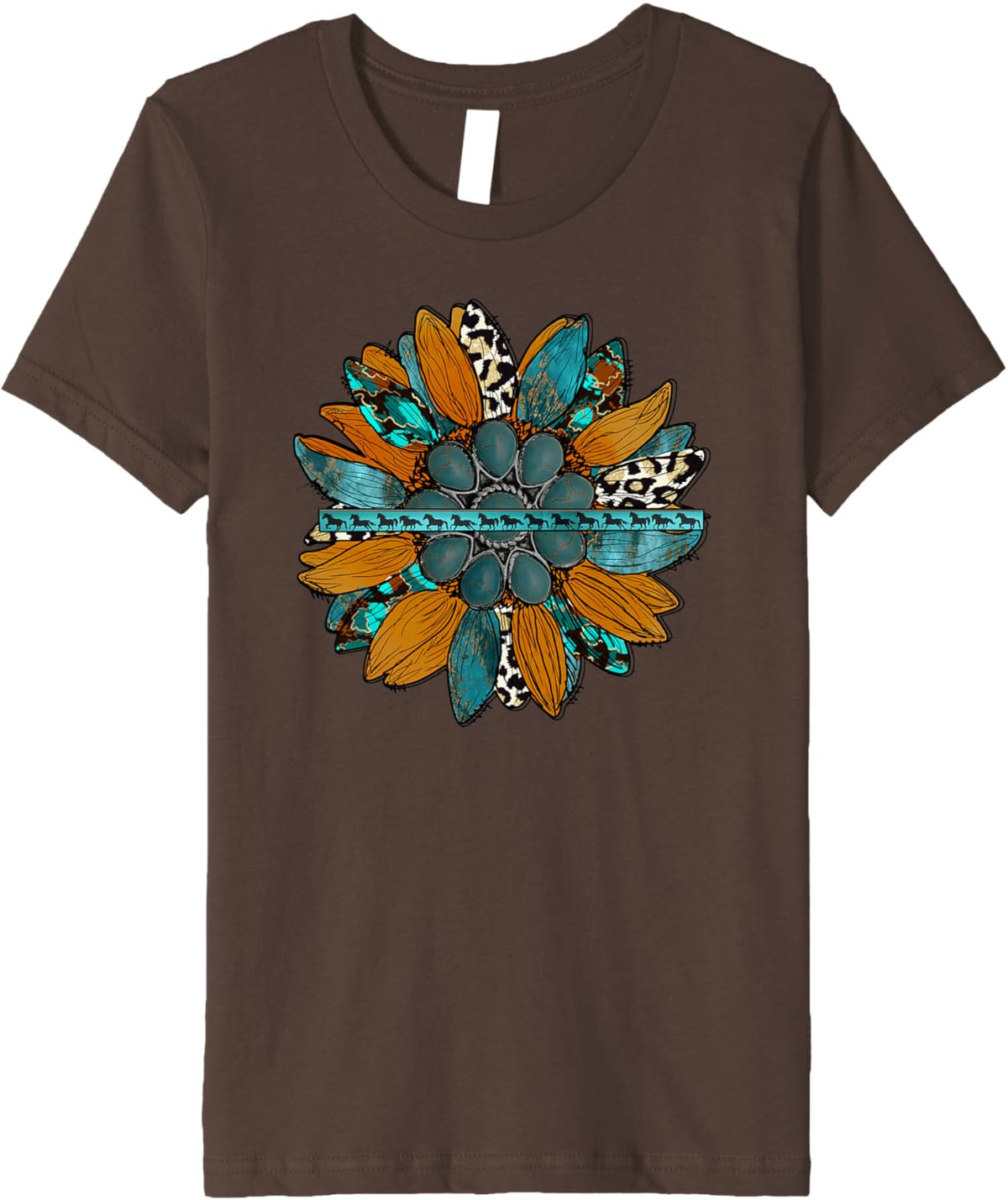 Country Sunflower Southwestern Earth Tones Cowhide Teal Premium T-Shirt
