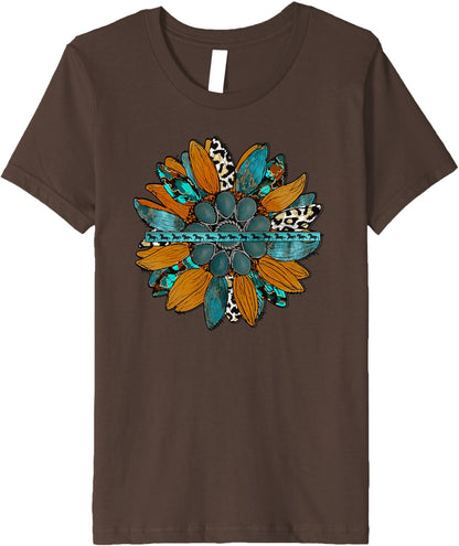 Country Sunflower Southwestern Earth Tones Cowhide Teal Premium T-Shirt