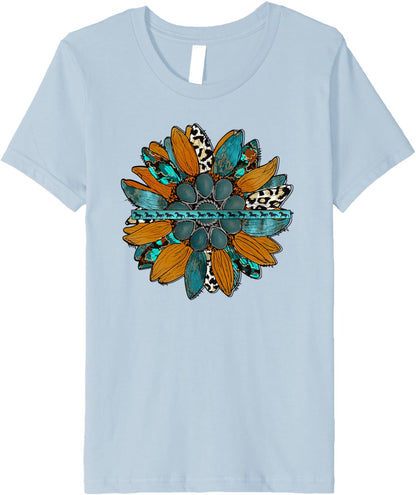 Country Sunflower Southwestern Earth Tones Cowhide Teal Premium T-Shirt