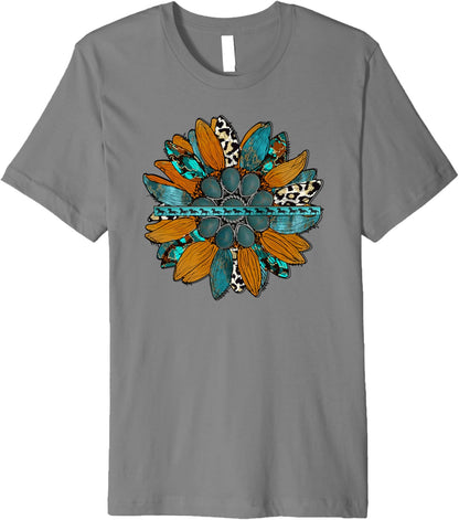 Country Sunflower Southwestern Earth Tones Cowhide Teal Premium T-Shirt