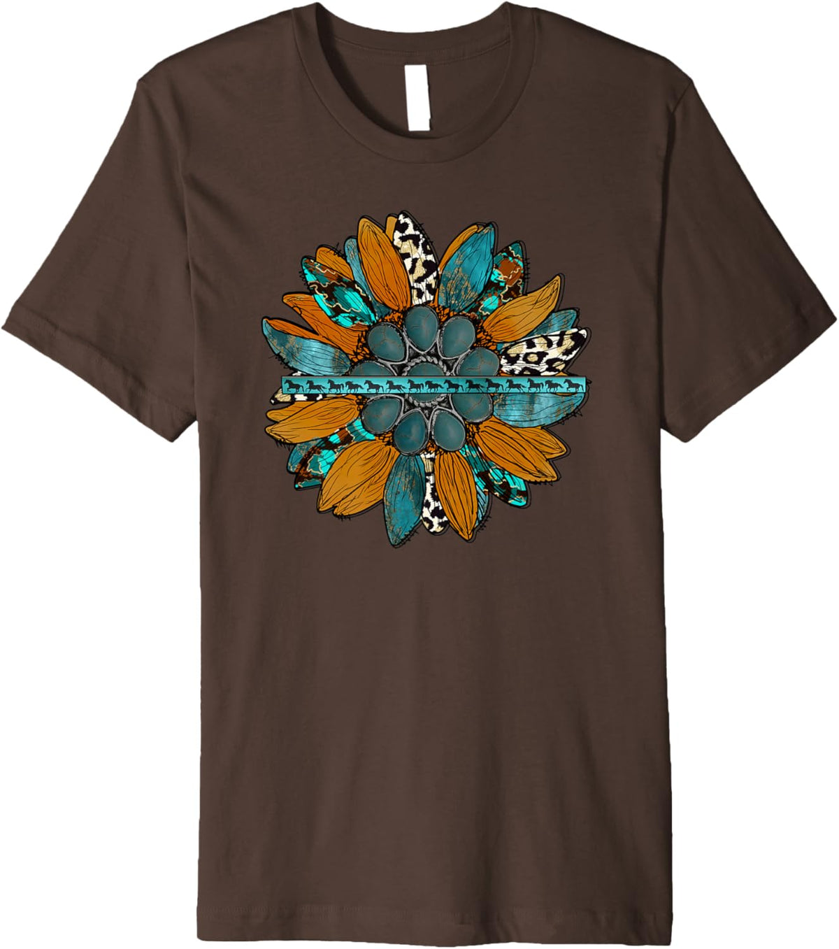 Country Sunflower Southwestern Earth Tones Cowhide Teal Premium T-Shirt
