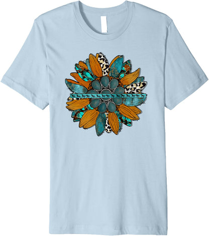 Country Sunflower Southwestern Earth Tones Cowhide Teal Premium T-Shirt