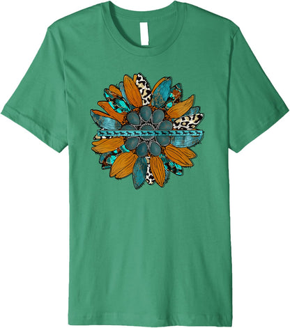 Country Sunflower Southwestern Earth Tones Cowhide Teal Premium T-Shirt