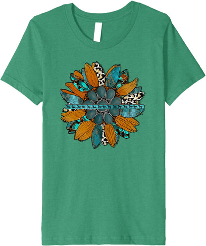 Country Sunflower Southwestern Earth Tones Cowhide Teal Premium T-Shirt
