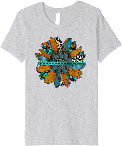 Country Sunflower Southwestern Earth Tones Cowhide Teal Premium T-Shirt