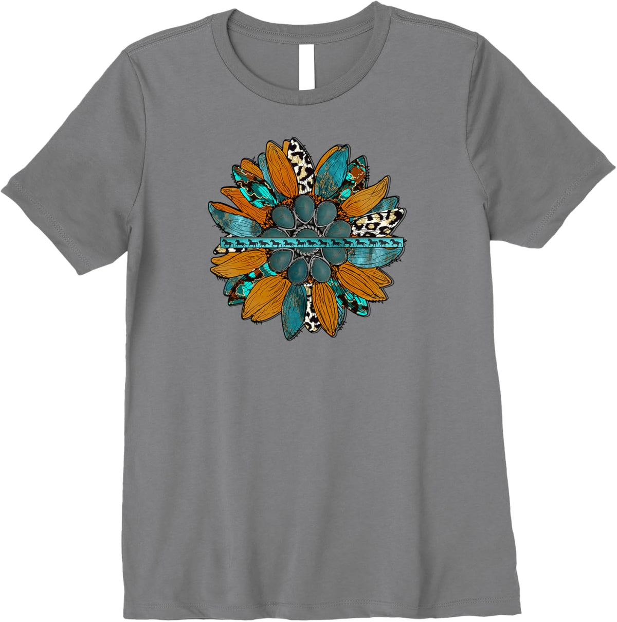 Country Sunflower Southwestern Earth Tones Cowhide Teal Premium T-Shirt