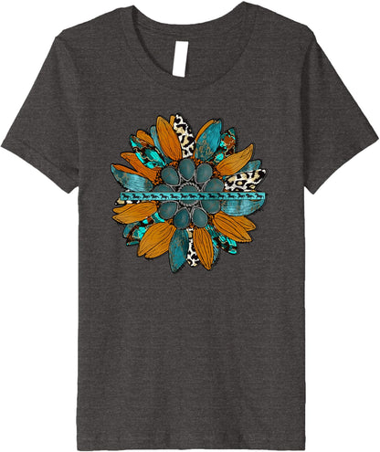 Country Sunflower Southwestern Earth Tones Cowhide Teal Premium T-Shirt