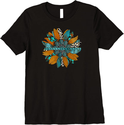 Country Sunflower Southwestern Earth Tones Cowhide Teal Premium T-Shirt