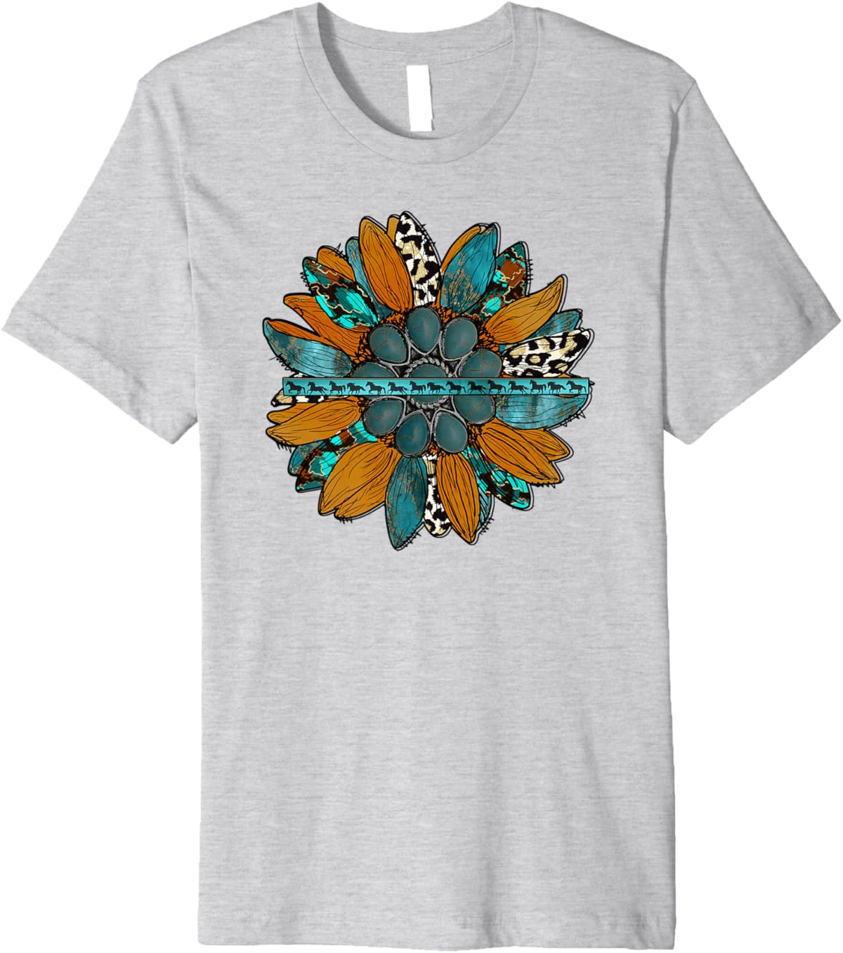 Country Sunflower Southwestern Earth Tones Cowhide Teal Premium T-Shirt