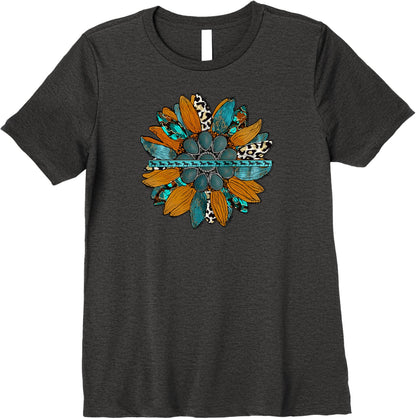 Country Sunflower Southwestern Earth Tones Cowhide Teal Premium T-Shirt