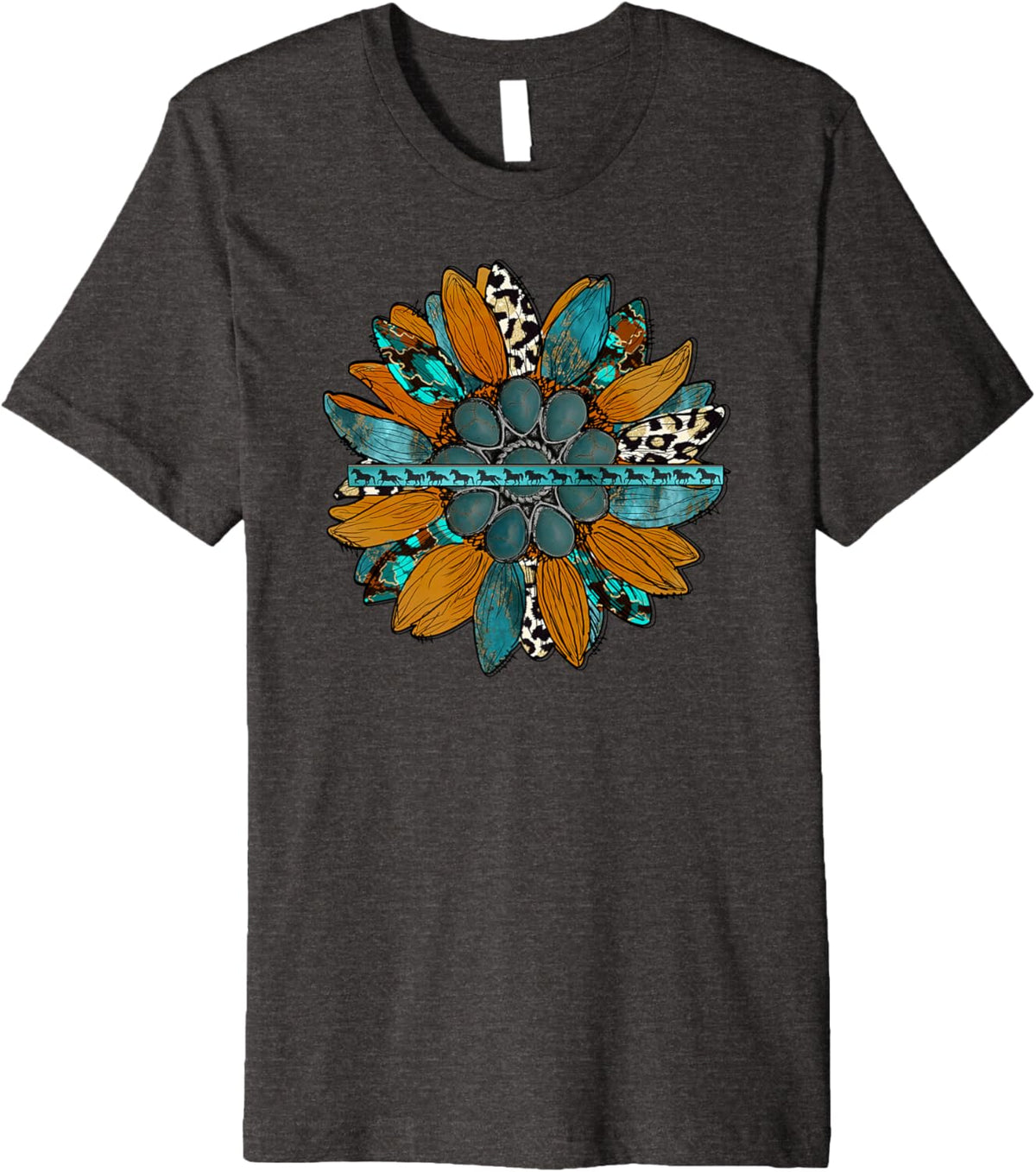 Country Sunflower Southwestern Earth Tones Cowhide Teal Premium T-Shirt