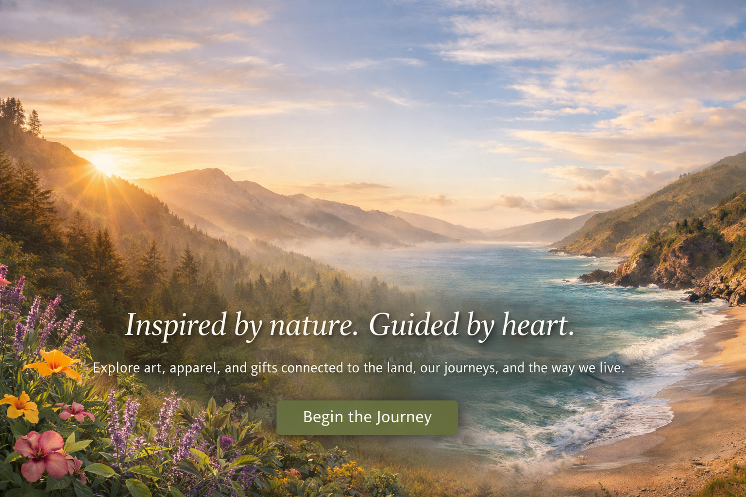 Inspired by nature. Guided by heart. Nature Fronts apparel art and gifts connected to the land, our journeys, and the way we live.  Mountains, ocean beach, sunlight.