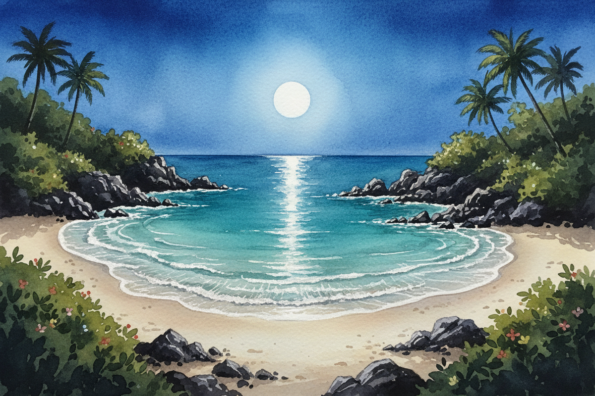 a beautiful hawaiian moonlit ocean cove in Hawaii, watercolor in style of this site