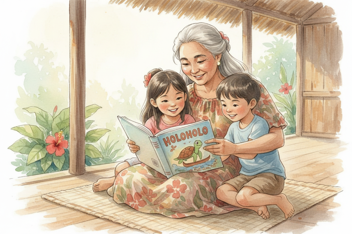 A lovely Hawaiian tutu teaching her grandchildren Hawaiian language by reading them a storybook with the title "Holoholo" if it is shown.  They can be outside on a lanai or inside a simple hawaiian hale.  Painterly effect, watercolor as in the style of this site. They are all happily engaged