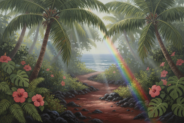 a painterly effect, oil or watercolor keeping contrast soft, not high, avoid sharp silouettes, light do the storytelling   of island-inspired creations pathway rooted in heartful aloha and purposeful intention portraying island inspiration way of the heart 