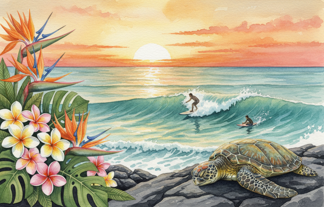 almost there, botanicals off to one side and honu on the other, bringing the turtle closer and he is flat, like sleeping, not with head up and is clearly visible. the surfers can be on a bigger wave further out, or at least one is on the wave, the other can be on the board just looking, paddling to catch the next one