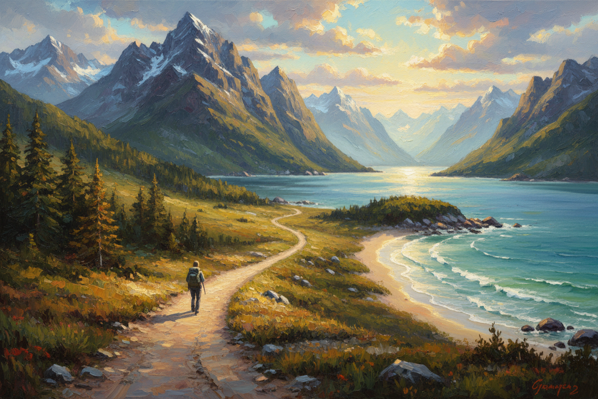 An image done in painted art style such as oil painting that portrays a trail going on a journey with a main path and two diverging to the right and left with different curves.  Include nature images, mountains on the left, shore with beach on right with fiorge or ocean in the middle, aesthetically pleasing
