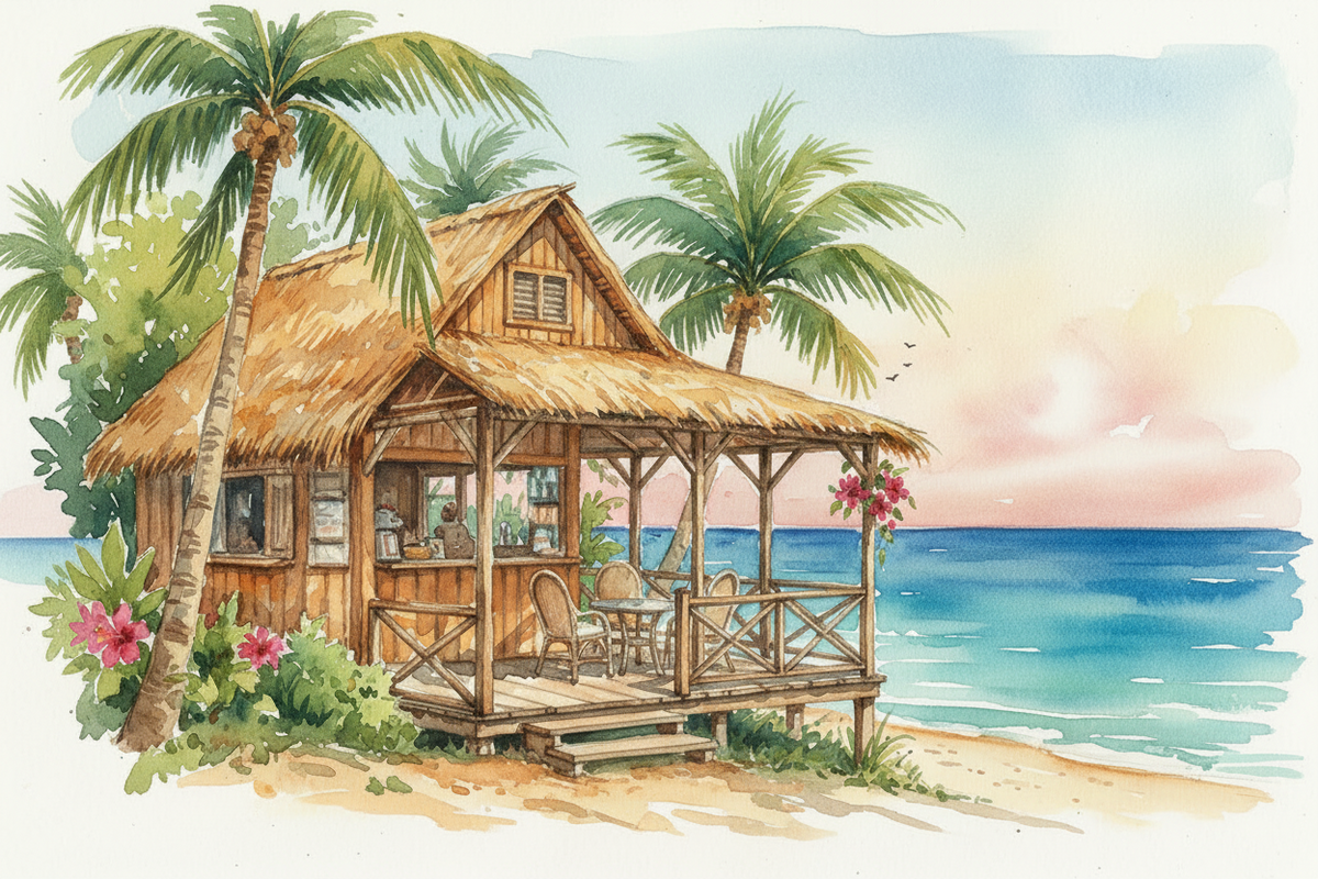banner in artistic style of this site, painterly watercolor, a coastal coffee shack in a sea breeze  tropical setting with outside lanai overlooking ocean