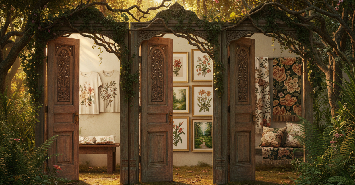 generate another version, only one or two shirts, folded or flat lay, no pink flowers above the doors, a little brighter, without the teal flourescent in front of the apparel door