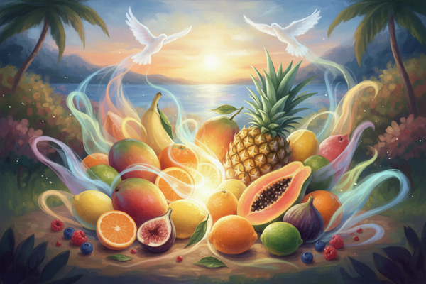 in a soft painterly style in the style of this site, portray "Fruits of the Spirit" with actual colorful fruits, including some tropical but also a spiritaual aspect worked in with some abstraction to portray more than just physical fruits but principles of peace,love, joy, gentleness in the artwork
