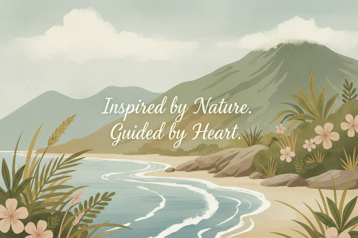 in soft painterly style of this site an image that portrays and with the off white text "Inspired by Nature. Guided by Heart. 