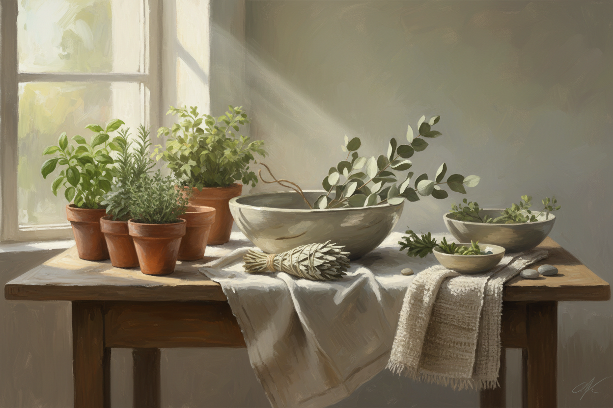 in the painterly style of this site create a banner image that portrays wellness and natural living