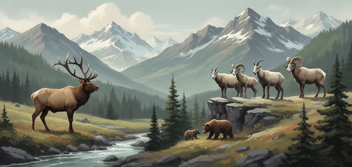 in the soft painterly style of this site create a collection banner that portrays Mountiain Wildlife