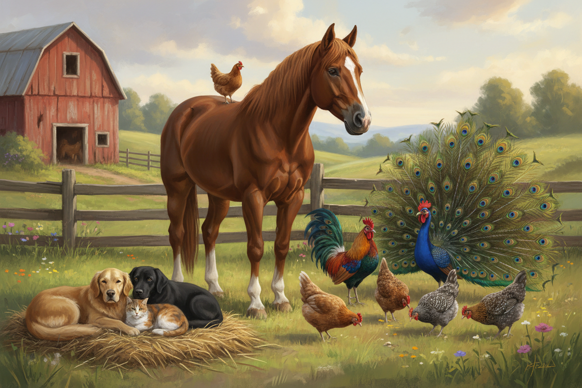 in-the-soft-painterly-style-of-this-site-create-a-colorful-graphic-of-dogs-cats-a-horse-chickens and one beautiful rooster. This is a farm setting. The horse can have one chicken on its back. The horses "sock" markings can be white on one or more legs, but not striped.  It should be colorful yet realistic setting for domesticated animals and can also include a peacock
