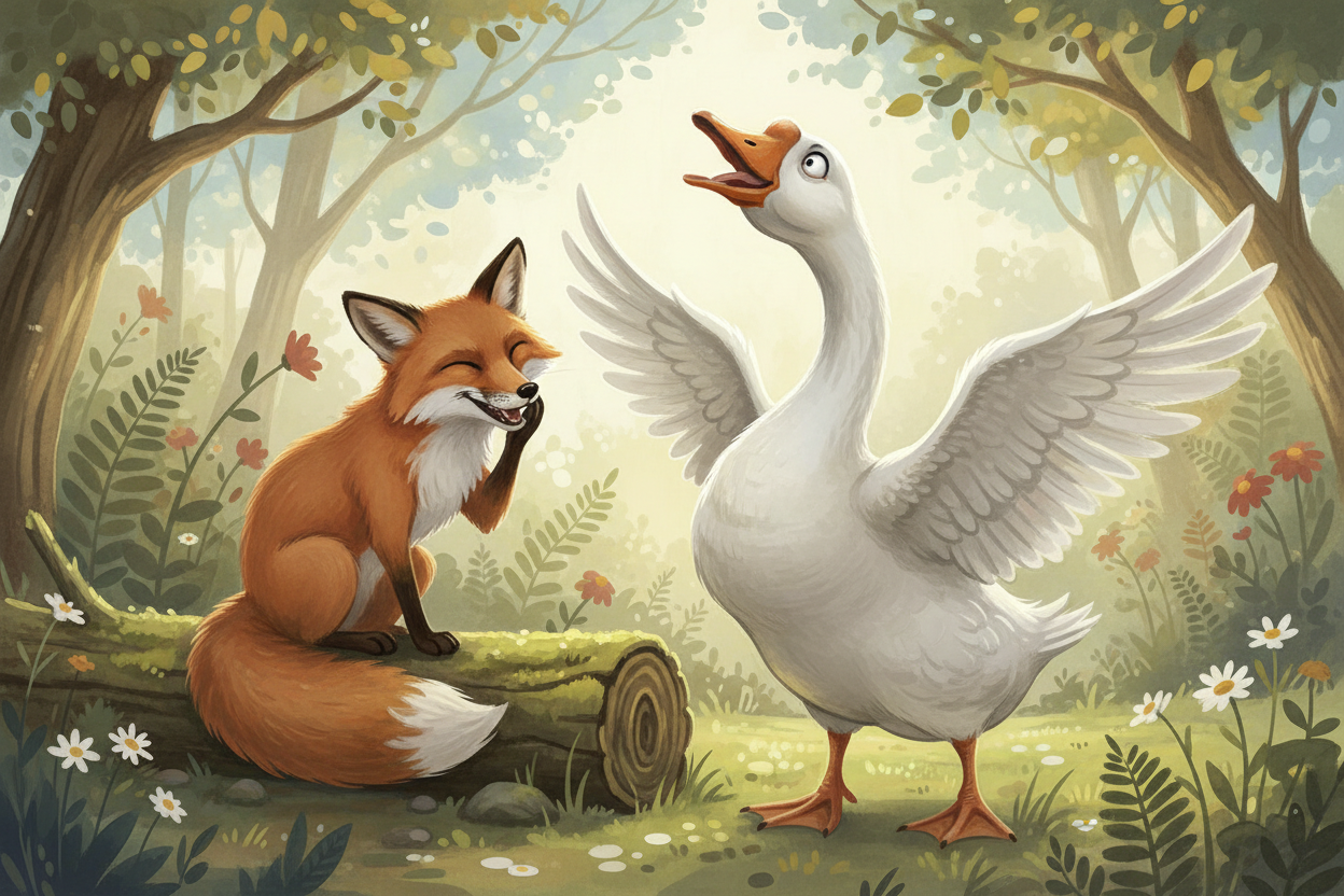 in the soft painterly style of this site, create a graphic of a funny feral animal and a silly goose