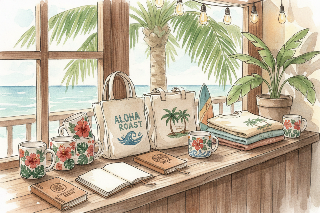 in the style of this site, soft painterly watercolor but realistic, portray some coffee lover gifts like in a simple hawaiian coffee shack cafe, such as mugs, totes and tees, and some journals
