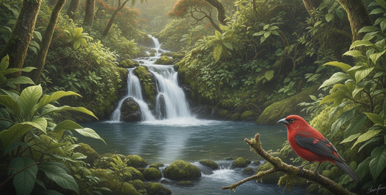 okay but can you give it slightly more of a painterly effect with less saturation, and have the honeycreeper with a little longer beak for getting his nector