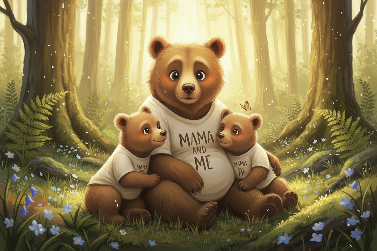 okay can you make the bears more friendly and adorable looking, adding some more color to the graphic. The mama bear can be looking adorably at one of the babys. Keep their same t-shirts with "Mama and Me"