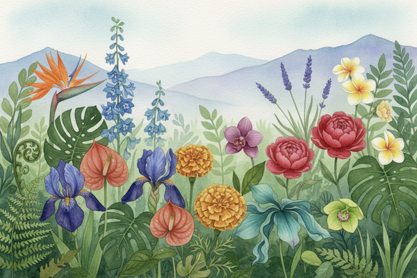please adjust to make some flowers be closer, some further but include all the colors in the flowers so they stand out more in the greenery, use a soft painterly effect, like watercolor but still realistic but not a photo
