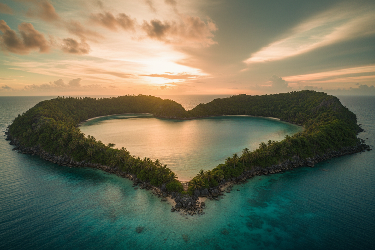 similar to hero banner on this same page but change the viewpoint of the traveller (who does not have to be shown but as if standing, looking) from the tip of the heart-shaped body of water out over the water toward the center of the top of the heart -shaped water with similar terrain.  There can be some accents of the pallet of the logo and site colors so far.